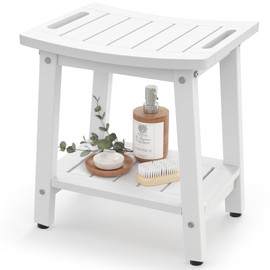 Shower Bench for Inside Shower - White HDPE Shower Stool Waterproof - Spa Bathroom Seat Chair with Handle, Storage Shelf, Adjustable Feet - Indoor/Outdoor, Weather Resistant