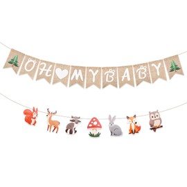 Pack of 2 Oh Baby Banners, 185 cm Baby Shower Decorations, Cute Mushroom Reindeer Rabbit Owl Welcome Baby Garlands, Cute Baby Shower Sign, Gender Reveal Decor for Party with Forest Animal Motifs