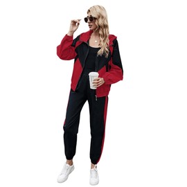 SweatyRocks Women's 2 Piece Outfits Long Sleeve Full Zip Jacket and Pants Tracksuit Set Red Black S