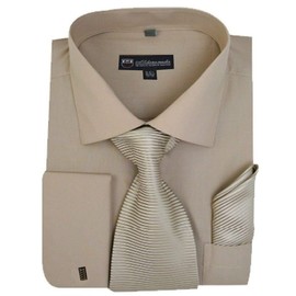 Milano Moda Solid Dress Shirt with Tie, Hankie & French Cuffs SG27-Khaki-18-18 1/2-36-37
