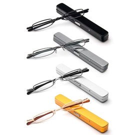 MMOWW Small Reading Glasses Men Women 4 Pairs Slim Pocket Readers with Pen Clip Metal Case Spring Hinge +1.5