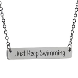 FashionJunkie4Life Just Keep Swimming - Engraved Stainless Steel Horizontal Bar Necklace with 18" Chain