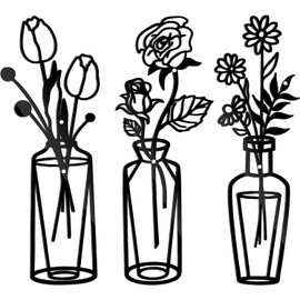 3 Pieces Metal Flower Wall Art Decoration, Black Tulip Wire Iron Decor, Black Metal Wall Art, Black Flower in Vase Wire Wall Hanging Decor for Living Room Bathroom Bedroom Patio Balcony Kitchen