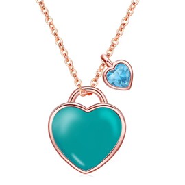 Qings December Turquoise Birthstone Necklace - Blue Topaz Tanzanite Cubic Zirconia 925 Sterling Silver Platinum Plated Rose Gold Double Heart Pendant Love You Forever Adjustable Chain Present for Mom