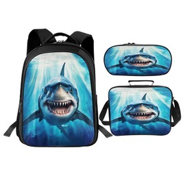 UIAMT 3PCS Shark Backpack for Boys Girls, Kids Backpack Set with Lunch Box, Lightweight Backpacks Gifts for Kids Children Teens Toddler Elementary Middle School - Bookbag Travel Back Pack Ages 6-18