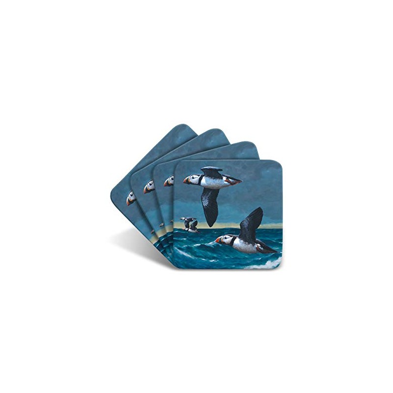 Puffins Flying Drinks Coasters by Wildlife Artist Julian Friers -