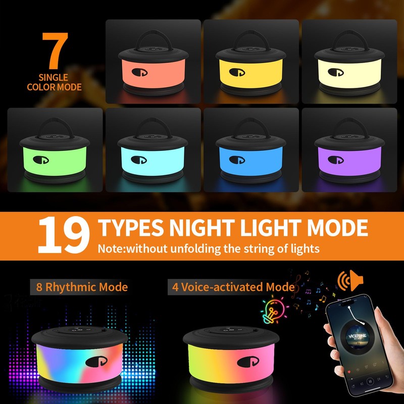 TOHETO Camping String Lights, 3 in 1 Upgraded Retractable RGB