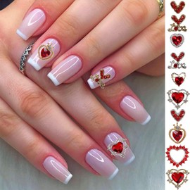 10PCS Valentine's Day Nail Charms Heart Nail Art Charms Glitter Red Love Heart Crystals Diamonds Nail Rhinestones 3D Flat-Back Metal Alloy Love Nail Jewelry Nail Art Design for Women Girls Nail Decor