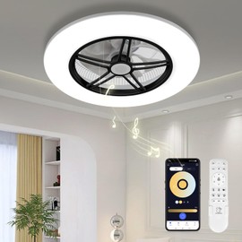 Low Profile Ceiling Fan with Light, Enclosed Bladeless Ceiling Light, Bluetooth Speaker, 6 Speeds Reversible, Stepless Dimming, Smart Flush Mount Ceiling Fan for Bedroom, Kids Room and Living Room