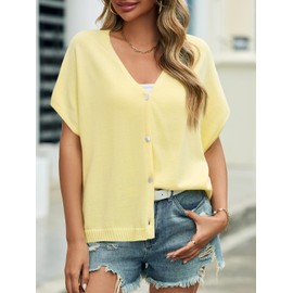 Saodimallsu Womens Summer Oversized Cardigans Batwing Short Sleeve Lightweight Button V Neck Casual Knit Sweater Tops Yellow