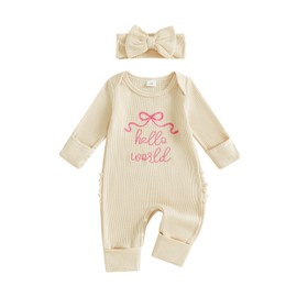 Baby Girl Winter Clothes Newborn Going Coming Home Outfit Ruffle Mitten Sweater Romper Cute Knitted Jumpsuit (Hello World Cream, Newborn)