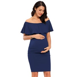 Jezero Women's Maternity Dress Off Shoulder Ruffle Sleeveless Bodycon Dress for Baby Shower