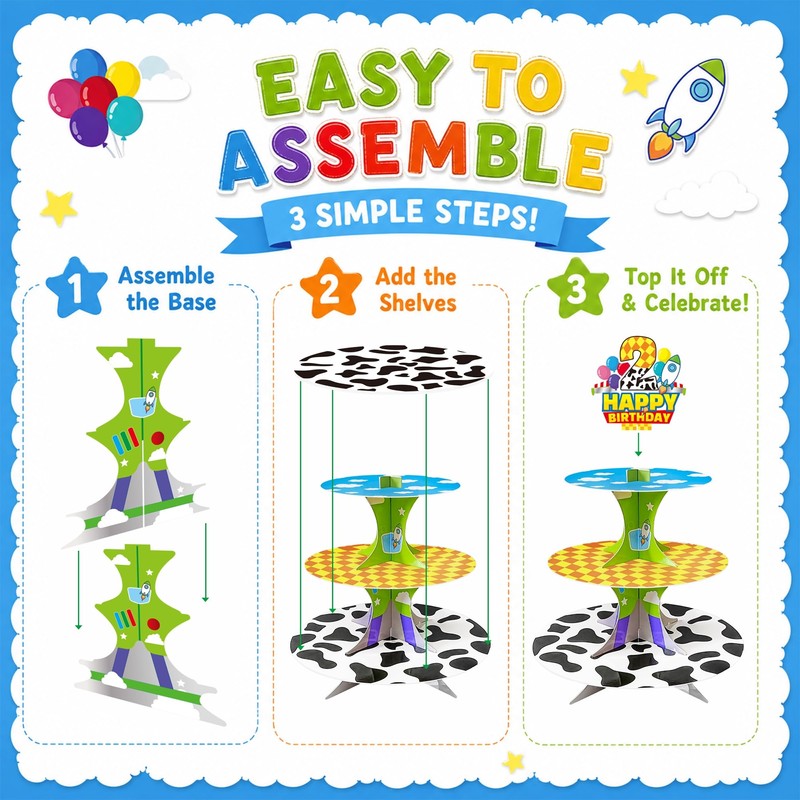 3-Tier 2nd Birthday Cartoon Story Cupcake Stand Rocket Theme Party