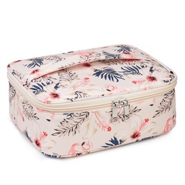 Travel Makeup Bag Large Cosmetic Bag Make up Case Organizer for Women (Beige Flamingo)
