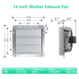 Aibabcue Shutter Exhaust Fan,14 inch Wall Mount Vent Fan with ON/OFF Switch,1750 RPM,1088 CFM, Attic Ventilator Fan for Greenhouse, Garage, Barn, Shed,Chicken Coops Ventilation Fans