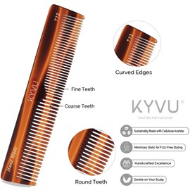 KYVU Handmade Cellulose Acetate Comb T12, 16.6 cm, FINE & COARSE Teeth, Tortoiseshell Colour, Hair Styling for Men & Women