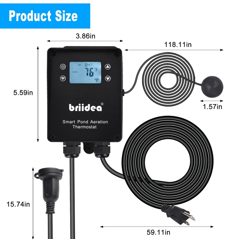 Briidea 120V 1500W WiFi Lake Water Thermometer with Timer, Remote