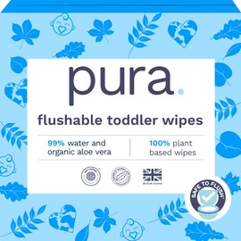 Pura Flushable Toddler Wipes 10 x 60 Wipes (600 Wipes), 100% Plastic Free, 99% Water, Hypoallergenic & Fragrance Free, Totally Chlorine Free, Kids Toilet Wipes, Sensitive Skin