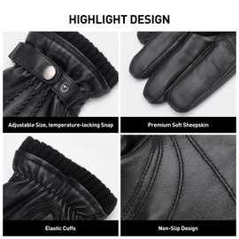 BISON DENIM Sheepskin Leather Winter Warm Touchscreen Gloves with Cashmere Lining, Driving Motorcycle Gloves, Black, L