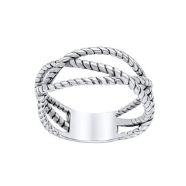 Silverly Sterling Silver Wide Interwoven Twisted Rope Ring - 925 Silver Nautical Rings for Women - Unique Modern Intertwined Band - Textured Crossover Sailor Knot Design - On-Trend Ladies Jewellery