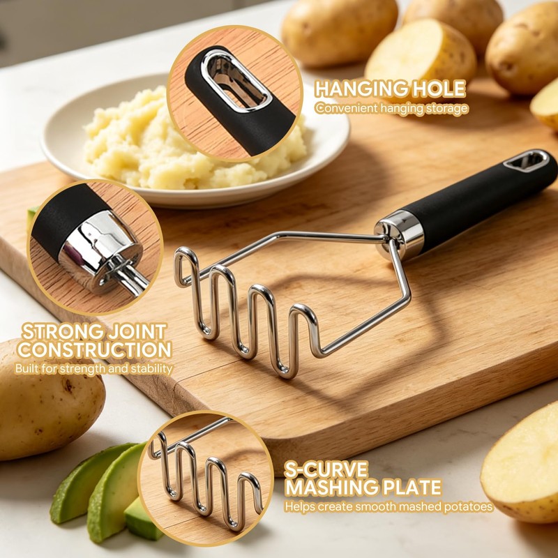 2PCS Stainless Steel Potato Masher with Ergonomic Handle for Mashed