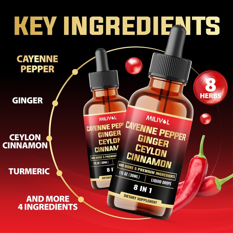 MILIVOL 8in1 Cayenne Pepper Liquid Drops with Ginger, Ceylon Cinnamon,
