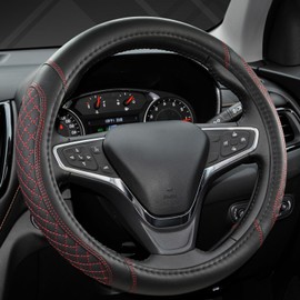 GIANT PANDA PU Leather Steering Wheel Cover 37-38 cm / 14.5-15 Inches - Diamond Quilted Breathable Non-Slip Universal Size - Black + Red