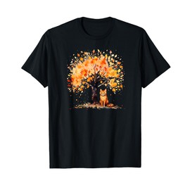 Artistic Fall Tree with Orange Tabby Cat, Watercolor T-Shirt