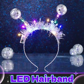 DRESBE Light Up Disco Ball Headband Silver LED Alien Headbands Glow Party Hair Accessories for Girls