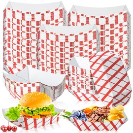MotBach 150 Pack Checkered 1Lb Paper Food Boat Trays Disposable Paper Boat Plates Containers, Colored Kraft Food Serving Tray Boats Bowls for Snack Fries BBQ Popcorn HotDog Sandwich Dessert Taco Nacho
