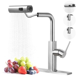 Kitchen Faucet with Pull Down Sprayer: ALEASHA Waterfall Kitchen Sink Faucet with 3 Function Pullout Sprayer, 360° Rotatable Single Hole Faucets for Modern RV/Bar, Single Handle, Brushed Nickel