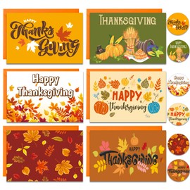 Doumeny Happy Thanksgiving Greeting Cards with Envelope and Sticker, 36 Pack Fall Leaves Pumpkins Greeting Cards Thanksgiving Harvest Paper Cards Autumn Holiday Note Cards for Party Favor Supplies