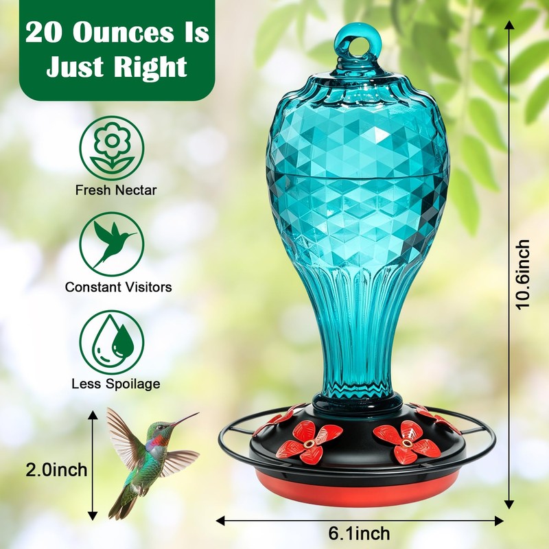 Jarkyfine Blown Glass Hummingbird Feeder, Blue, 20 oz