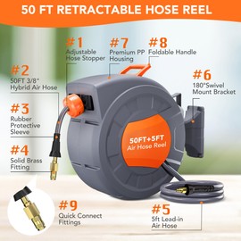 Retractable Air Hose Reel, 3/8 IN x 50 FT Hybrid Air Hose, Wall Mount Pneumatic Air Compressor Hose Reel with 5 FT Lead in Max 300 PSI 180° Swivel Mount, for Garage Workshop