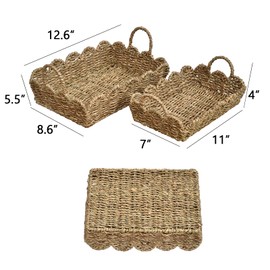 Set of 2 Seagrass Trays with Scalloped Edge - Natural Boho Home Decor