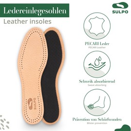 SULPO 3 Pairs of Genuine Leather Insoles, Premium Leather Activated Carbon Insoles, Odour Absorber Anti - Sweat Insoles, Breathable