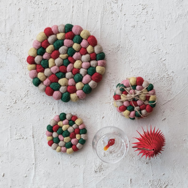 Creative Co-Op Round Handmade Wool Felt Ball Coasters, Multicolor, Set