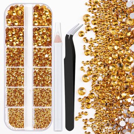 One Pack 2000 Pcs of Flatback Round Golden Yellow Rhinestones 6 Sizes (1.5-6 mm) with Nail Art Rhinestone Picker Pencil And Tweezer For DIY And Salon Use
