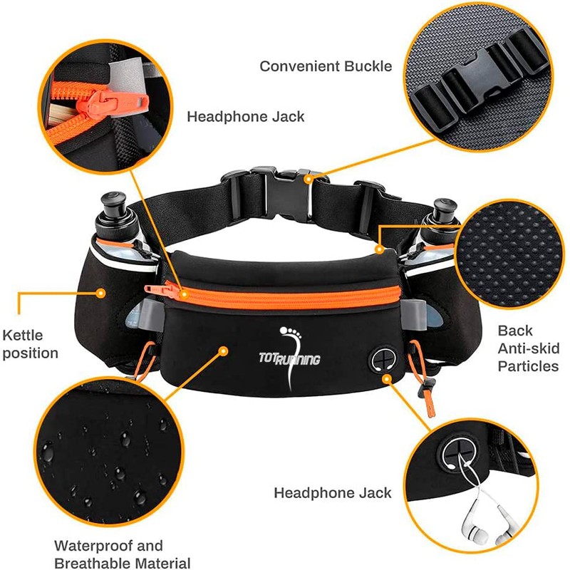 Adjustable Running Belt with Zipper Pocket, 2 Water Bottles, 2