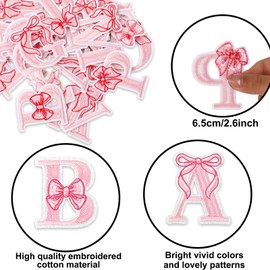 Whaline 26Pcs Pink Bow Iron-On Sew-On Patches Cartoon Alphabet A to Z Heat Transfer Iron Patches Cute Embroidered Cloth Patches Iron on Letters for DIY Crafts Clothing Fabric