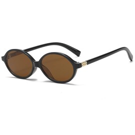 Long Keeper Retro Oval Sunglasses 90s Style Vintage Sunglasses Narrow Oval Small Sunglasses for Women Men Fashion Oval Round Glasses with UV400 Protection, Black Frame - Brown Lenses