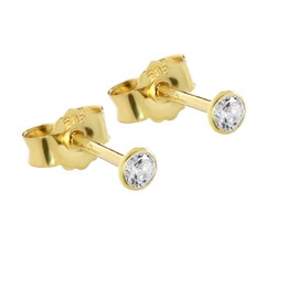 NKlaus Pair of Stud Earrings Real Gold 585 14 Carat 3.0 mm Cubic Crystal Zirconia Women Men Children 1748, Yellow Gold, Cubic Zirconia