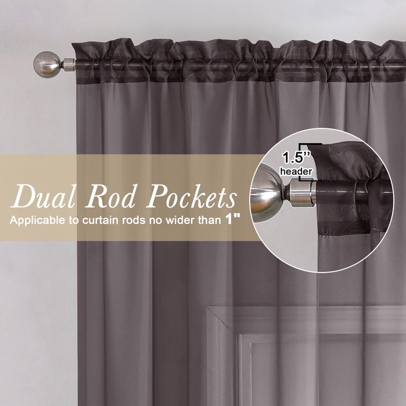 Lecloud Sheer Curtains 45 Inch Length 2 Panels Set, Chocolate