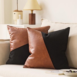 GEGELICA Set of 2 Black and Brown Faux Leather Throw Pillow Covers 20X20 Inch Boho Modern Farmhouse Cotton Decorative Pillows for Couch Living Room Bedroom, Cognac