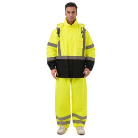 DPSAFETY Hi Vis Safety rain Jacket，Reflective Class 3 Rain coat with Inner Mesh Lining and Pockets High Visibility Waterproof work Rain Suits for men&women（Lime,SM/MD）
