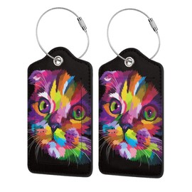 2 Pack Colorful Art Kitten Animal Luggage Tags Travel PU Cute Cat Leather Luggage Tag Name ID Labels with Privacy Cover Suitcases Women Men Girls Boys Fun Laggage Tags(Colorful Cats)