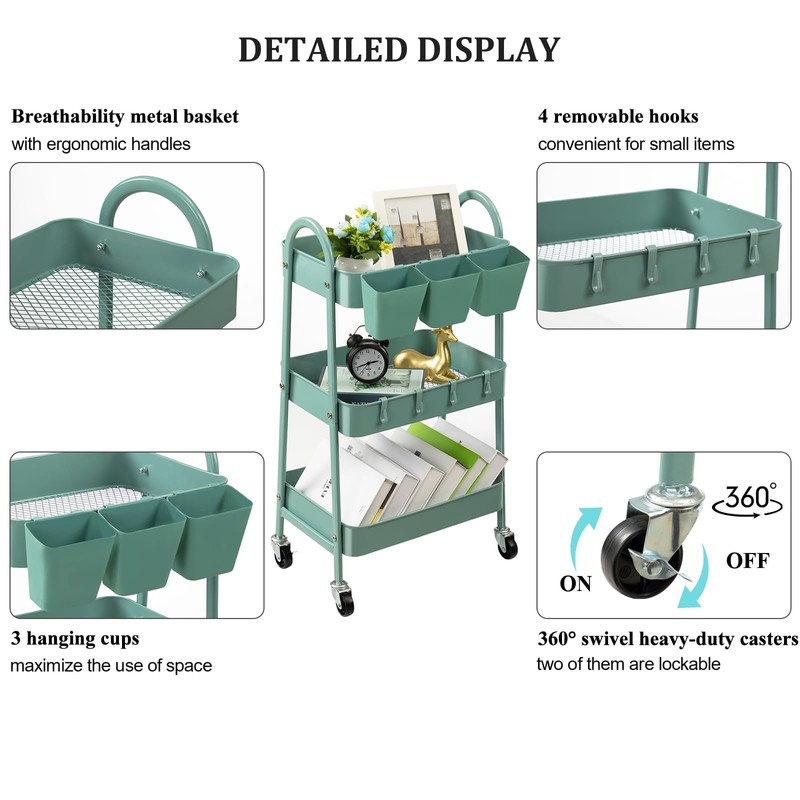 danpinera 3-Tier Rolling Cart, Utility Cart Mobile Metal Rolling Storage