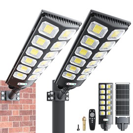WERCHTAY Solar Street Lights Outdoor Waterproof, IP66 15000LM 6500K Solar Flood Lights Dusk to Dawn Wide Angle Motion Sensor and Remote,Upgrade Fixing Rod (2 Pack)