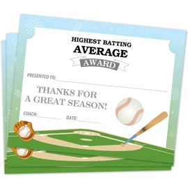 Baseball Award Certificates, Baseball Highest Average, 25 Sport Award Certificates for Students Teacher Teams Employee, Baseball Ceremony & Sports Achievement Supplies -03