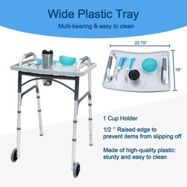 Loyoda Foldable Walker with Tray，Lightweight Folding Walker with 5" Wheels Height Adjustable Aluminum Standard Walkers for Seniors up to 350 lbs